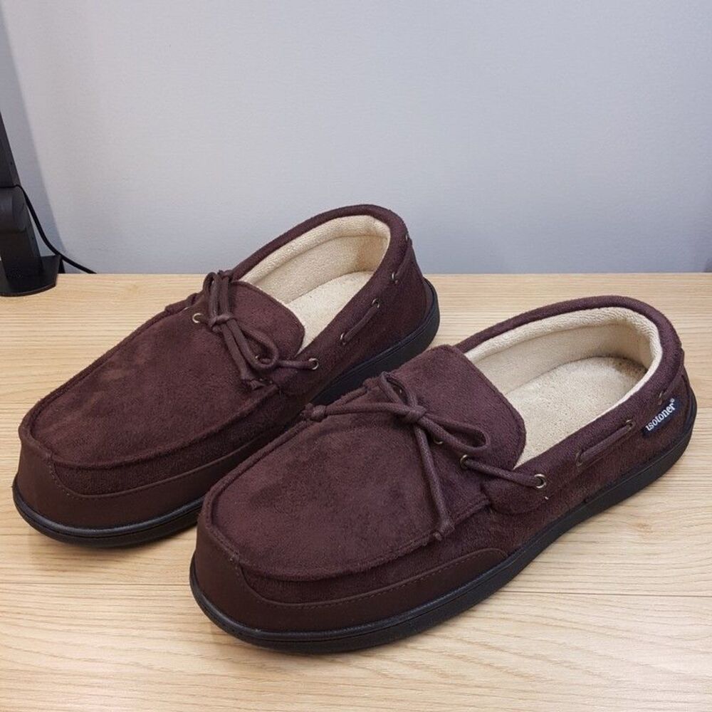 ISOTONER Slippers Mens Size 11 12 Brown Slip On Plush Lined Gel Memory Foam